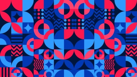 Illustrated shape pattern in reds and blues
