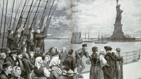 Drawing of immigrants arriving on a boat to American with the Statue of Liberty in the distance