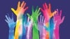 Illustration of colorful tie dye hands reaching up on dark blue background